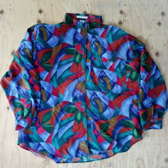 Vintage High Advantage Abstract Pattern Silk Long Sleeve Button Down Shirt - Picture 1 of 4